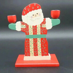 Vintage Painted Folk Art Wooden Santa Taper Candle Holder 8.5”